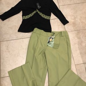 NWT I.N.C  LIME GREEN/ BLACK VNECK TOP W PANTS